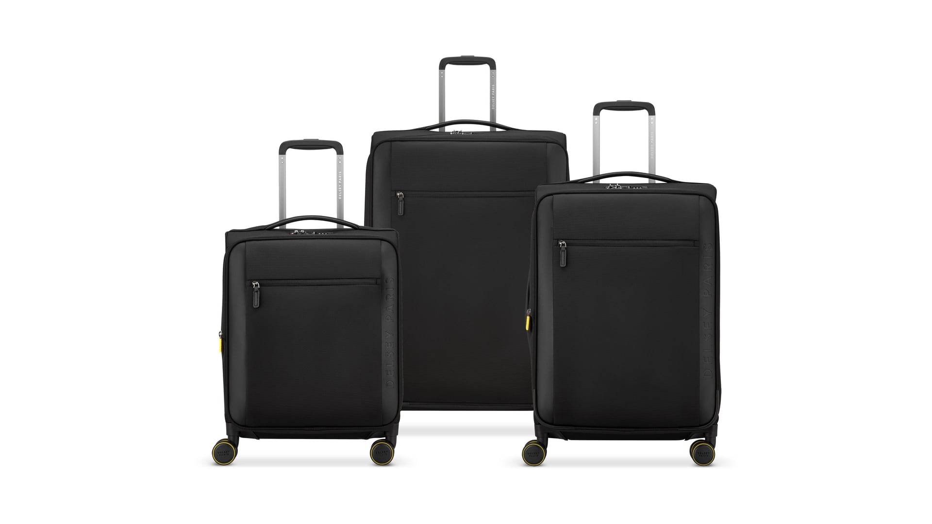 Les trois valises souples noires du set Montmartre 3 (cabine slim 55 cm, 66 cm et 76 cm) sur fond blanc