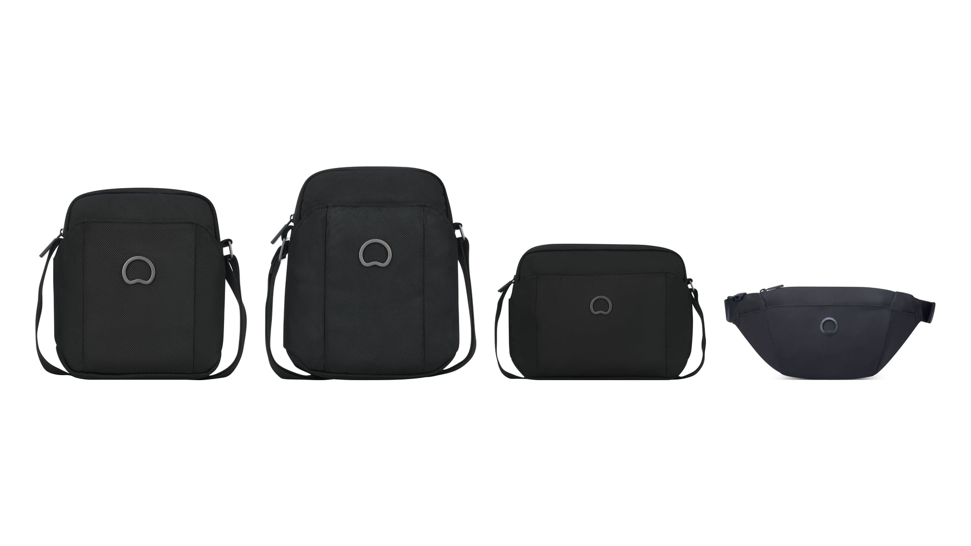 Quatre sacs Picpus noirs sur fond blanc : mini sac vertical, mini sac reporter vertical, mini sac horizontal à deux compartiments et sac banane grand modèle