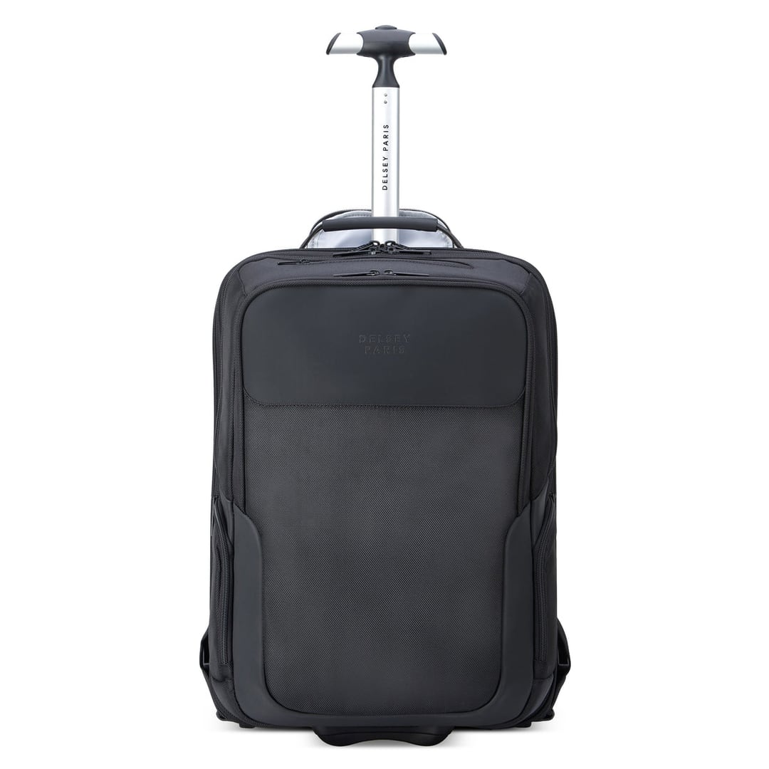 Sac à dos trolley 42 L Parvis Plus noir, vue de face, poignée télescopique sortie